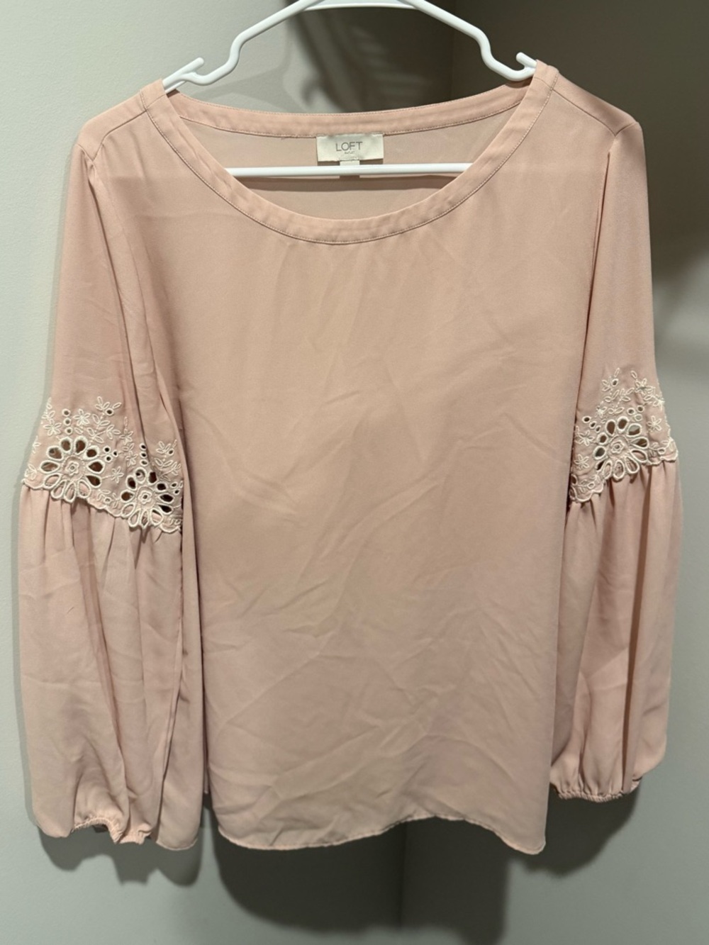 LOFT Light Pink Lace-Inset Balloon Sleeve Blouse